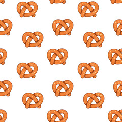 Seamless pattern with baking pretzel on a white background. Vector illustration of a muffin in a minimalistic flat style, hand drawn. Print for bakery textiles, print design, postcards. - obrazy, fototapety, plakaty
