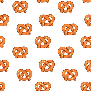 Seamless pattern with baking pretzel on a white background. Vector illustration of a muffin in a minimalistic flat style, hand drawn. Print for bakery textiles, print design, postcards.