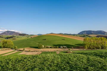 Fototapeta na wymiar landscape with green fields and blue sky, spring, Turiec, Slovakia, Europa
