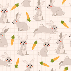 Fototapeta premium Cute childish seamless pattern with rabbit and carrot on a checkered background. Cartoon vector illustration. Nursery Print for textiles and paper.