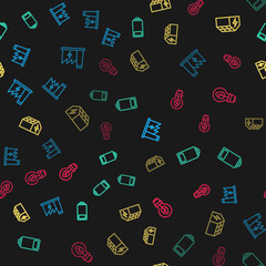 Set line Nuclear power plant, Battery, Solar energy panel and Light bulb with leaf on seamless pattern. Vector