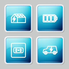 Set line Solar energy panel, Battery, Electrical outlet and car icon. Vector