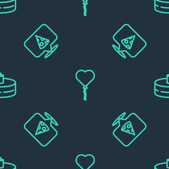 Set line Balloons in form of heart, Slice pizza and Cake with burning candles on seamless pattern. Vector