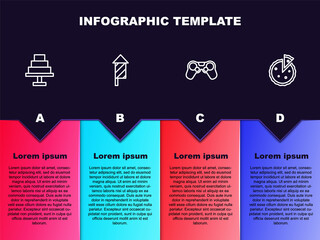 Set line Cake, Firework rocket, Gamepad and Homemade pie. Business infographic template. Vector