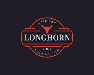 Fototapeta na wymiar Vintage Retro Badge for Texas Longhorn Cow, Country Western Bull Head Family Countryside Farm Logo Design Template Element