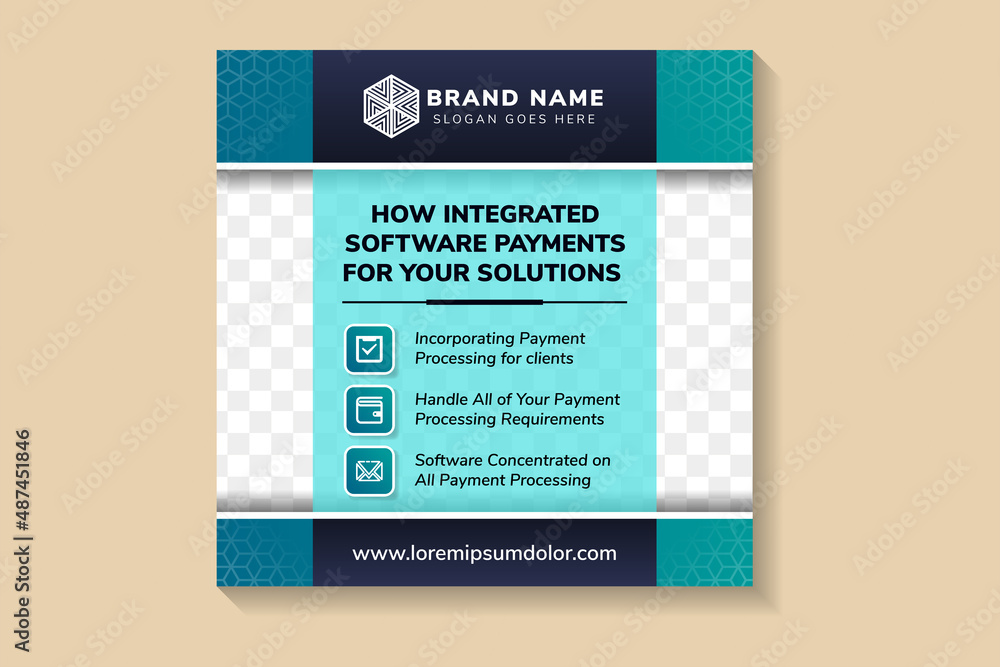 Aufkleber social banner post template design for integrated software payment for your solutions. square layout
