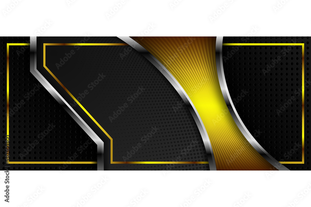Poster abstract black wide horizontal banner background with dot halftone pattern, gray and yellow lines el