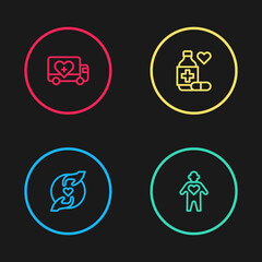 Set line Pleasant relationship, Volunteer, Medicine bottle and pills and Humanitarian truck icon. Vector