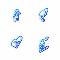 Set Isometric line Blood donation, Volunteer, Leaf in heart and Medicine bottle and pills icon. Vector