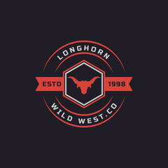 Vintage Retro Badge for Texas Longhorn Cow, Country Western Bull Head Family Countryside Farm Logo Design Template Element