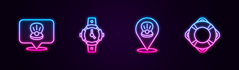 Set line Scallop sea shell, Diving watch, and Lifebuoy. Glowing neon icon. Vector