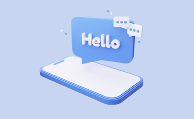 Hello bubble speech message on phone screen. Text Hello, Hi. Notification on the phone, the beginning of online correspondence via the Internet. 3D Rendering. Blue