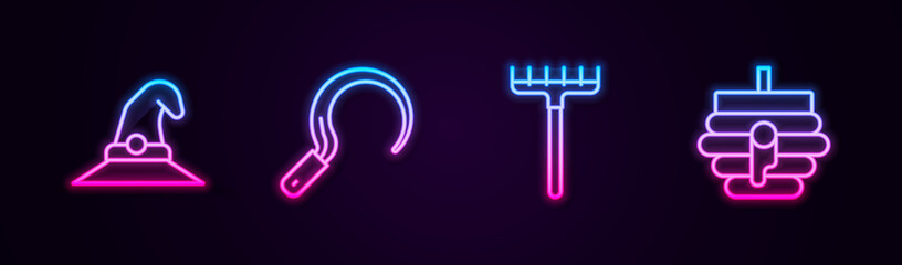 Set line Witch hat, Sickle, Garden rake and Hive for bees. Glowing neon icon. Vector