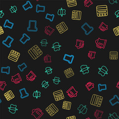 Set line Bread toast, Rolling pin on dough, Oven and Electric kettle on seamless pattern. Vector