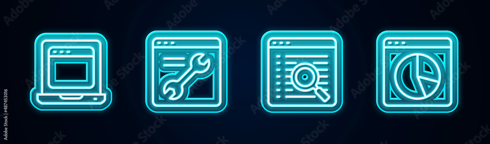 Poster set line laptop with browser window, browser setting, search engine and graph chart infographic. glo