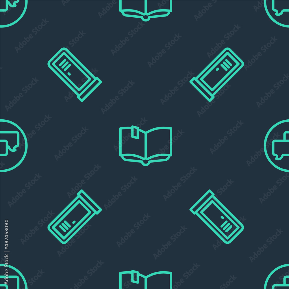 Poster set line open book, locker or changing room and speech bubble chat on seamless pattern. vector