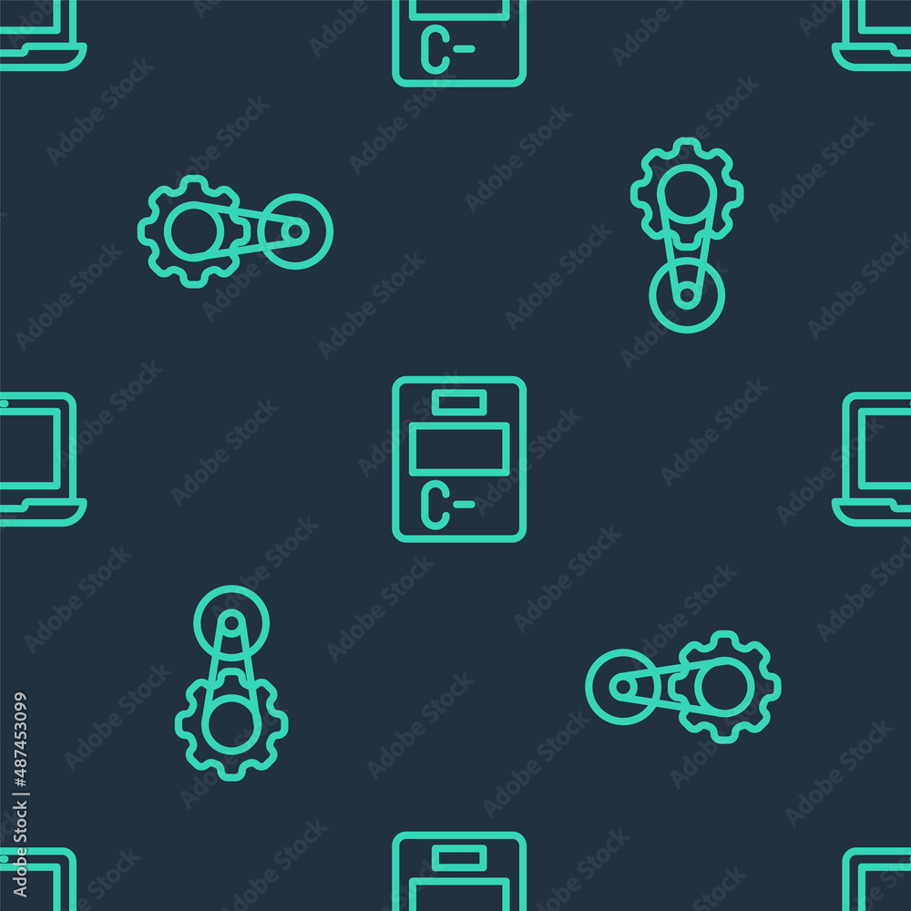 Poster set line exam paper with incorrect answers, timing belt kit and laptop on seamless pattern. vector