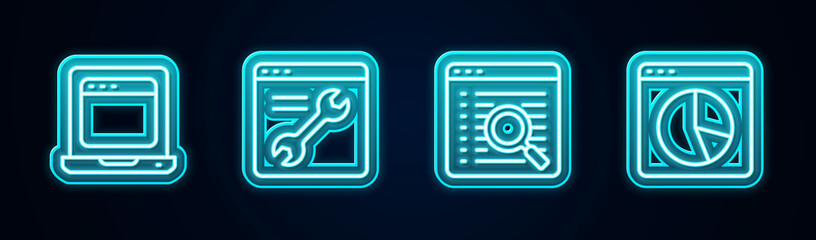 Set line Laptop with browser window, Browser setting, Search engine and Graph chart infographic. Glowing neon icon. Vector
