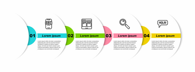 Set line Foreign language online study, Online translator, Magnifying glass and Hola different languages. Business infographic template. Vector © vector_v