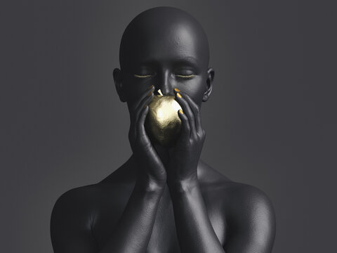 A female figure holding a golden apple in both hands. 3D illustration.