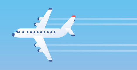 White jet passenger airplane with contrail trace flying in a blue sky flat vector illustration