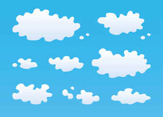 White clouds on a blue sky background, flat vector set.