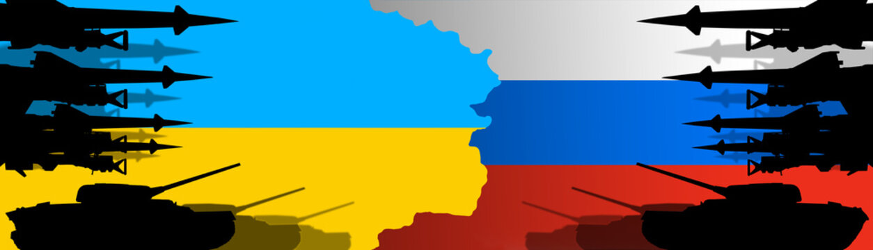 Russian-Ukrainian crisis, conflict. Tanks, anti-aircraft guns and rockets against the background of flags.The concept of repelling the aggression of the Russian Federation, threatening Europe with war