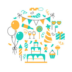 Event Birthday party celebration circle concept on white background. Flat line holiday design for greeting card invitation. Festive hat balloons cake cupcake present wine muffin vector illustration