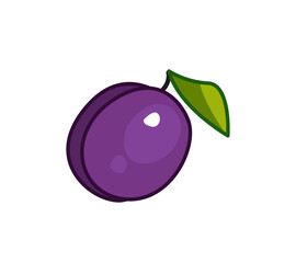 Cute purple plum with green leaf. Vector illustration of a fruit in a cartoon childish style. Isolated funny clipart on white background. cute print.