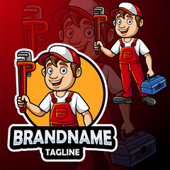 Cartoon plumber mascot design with big wrench