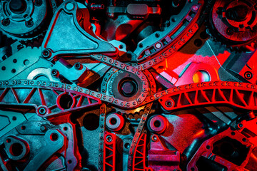 Details of a modern powerful engine. Multi-colored motor parts