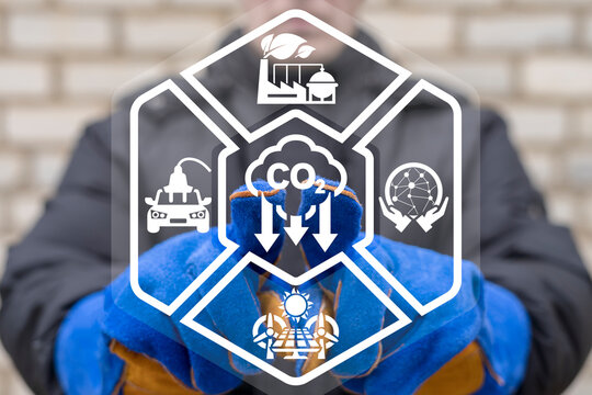 Concept of CO2 reduction on industry production. Carbon dioxide harmful emissions reduce. Investment ecology campaign of pollutions reduce of environment.