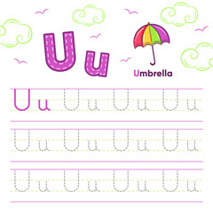 Fototapeta na wymiar Alphabet worksheet letter U learning with cute umbrella drawing