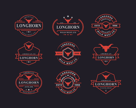 Set of Vintage Retro Badge for Texas Longhorn Western Bull Head Family Countryside Farm Logo Design Template Element