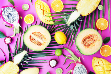 tropical food background with exotic juicy fruits