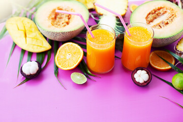 tropical food background with exotic juicy fruits