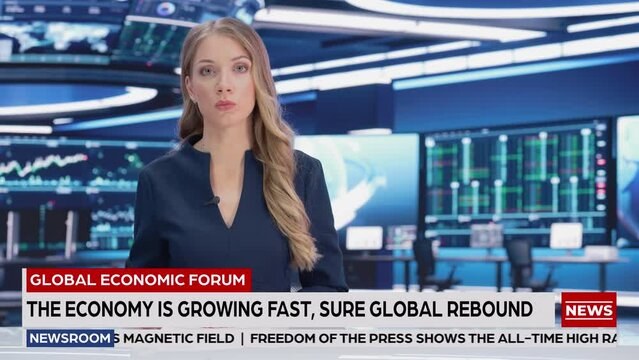 On Air TV Live News Program with Professional Female Presenter Reporting Event of the Day. Television Cable Channel Anchorwoman Talks. Mock-up Network Broadcasting Playback in Newsroom Studio