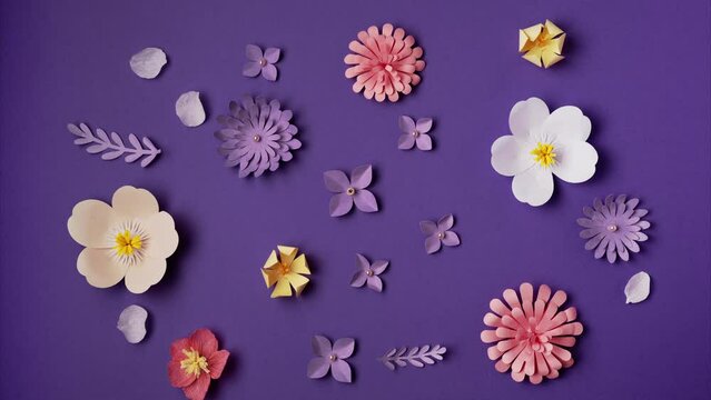 Floral Easter background with copy space. Paper art and handcraft. Copy space for your design. Trendy very peri color. 4K UHD