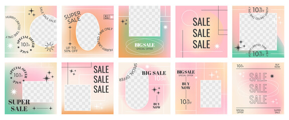 Set of Editable minimal square banner template with abstract geometric design with Various shapes, lines, spots, stars
