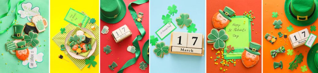 Tasty gingerbread cookies for St. Patrick's Day celebration and calendar with decor on color...
