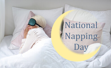 Mature woman with mask sleeping in bed. National Napping Day