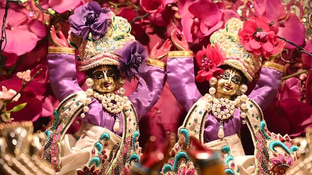 Altar in the Hare Krishna temple, close up. Deities. Home altar for deity worship.