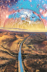 Alien planet rising over desert landscape with vivid starry sky and highway. Book cover template - digital illustration. Elements of this image are furnished by NASA