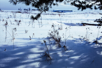 winter day landscape, snow hills and nature