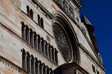 Cremona Cathedral in Cremona, Lombardy is a Catholic church in northern Italy with the white marble statues, the bell tower (Torrazzo) and the seat of the Bishop of Cremona. European architecture.