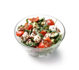 Poster Bowl with tasty healthy vegetable salad on white background © Pixel-Shot