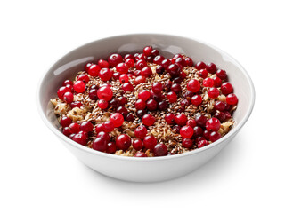 Bowl with tasty oatmeal, flax seeds and cranberries on white background
