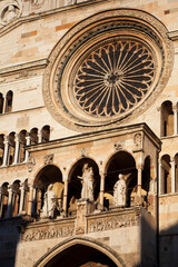 Cremona Cathedral in Cremona, Lombardy is a Catholic church in northern Italy with the white marble statues, the bell tower (Torrazzo) and the seat of the Bishop of Cremona. European architecture.