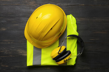 Safety equipment with protective vest on dark wooden background
