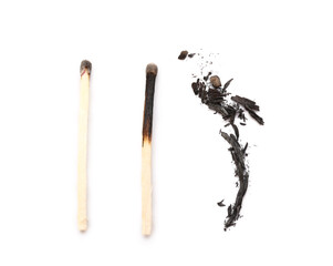 Differently burnt matches on white background. Concept of different human life phases